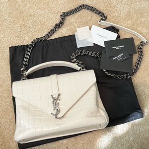 Saint Laurent YSL Calfskin Crocodile Embossed Medium College Monogram Satchel